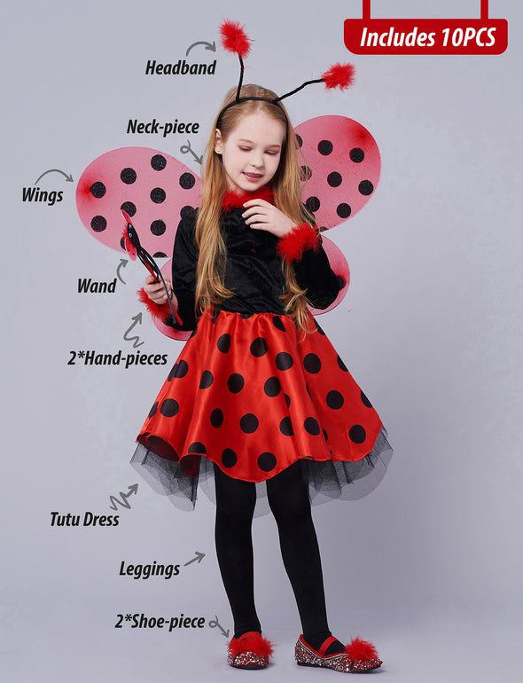 Ladybug Costume Ballerina Beetle Wings Fancy Dress up Outfit Ladybird Suit (10pcs Set)