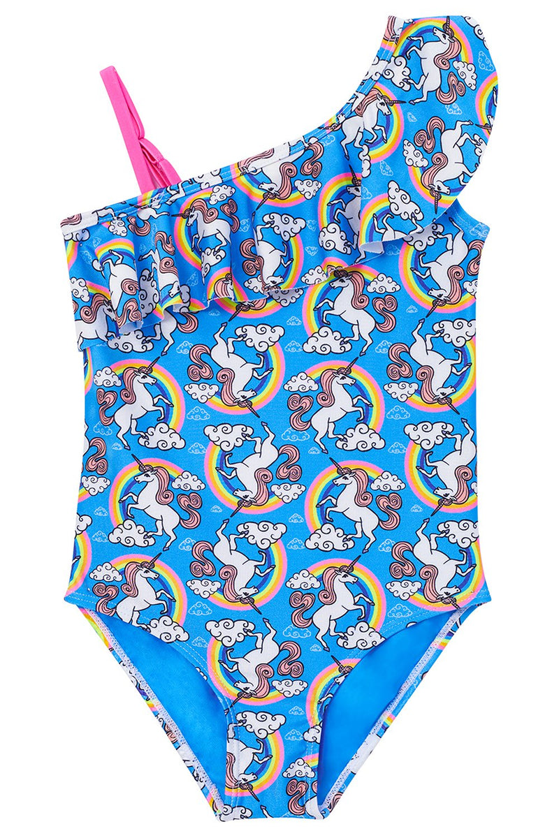 Girls One Piece Swimsuits Unicorn Print One Shoulder Sleeve