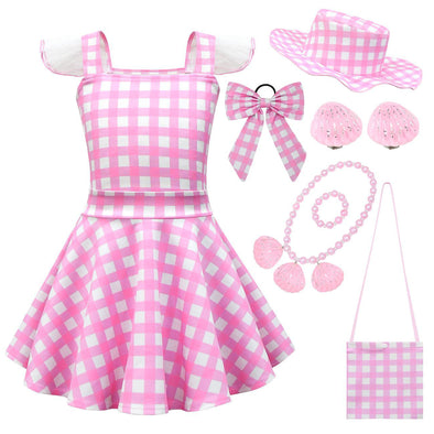 Girl Pink Plaid Square Collar Dress Accessories Set Movies Costume