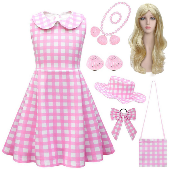 Girl Pink Plaid Peter Pan Collar Dress Accessories Set Movies Costume