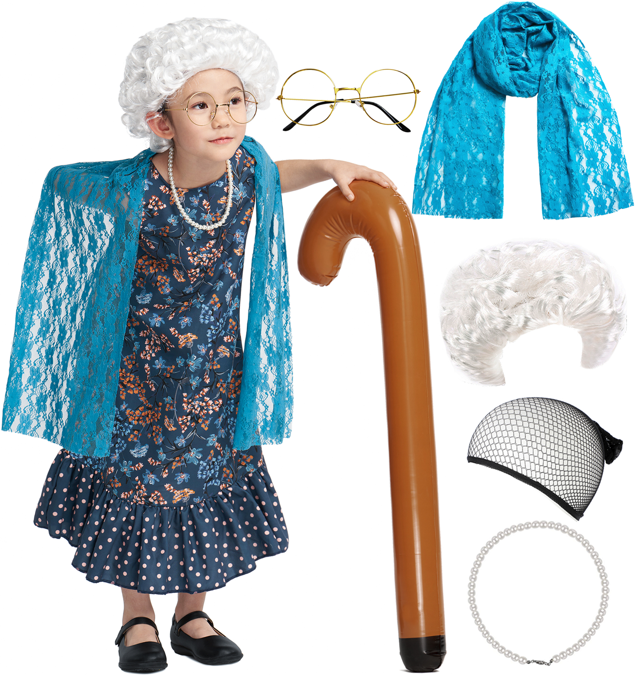 Girls 100th Day of School Granny 6 Pcs Costume Old Lady Wig Dress Shawl Cane Dressing Up Halloween Party IKALI COSTUME Girls 100th Day of School Granny 6 Pcs Costume Old Lady Wig Dress Shawl Cane Dressing Up Halloween Party IKALI COSTUME