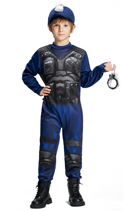 Kids Policeman Jumpsuit Handcuffs Hat Set Halloween Costume