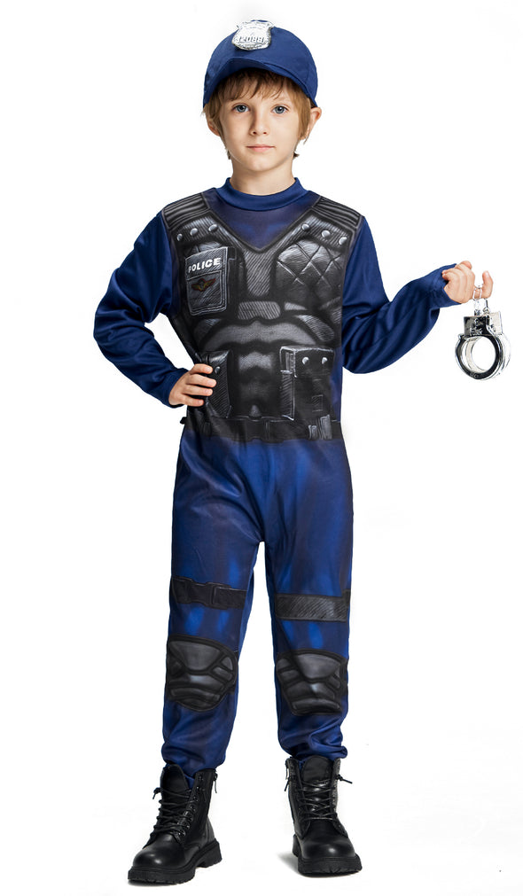 Kids Policeman Jumpsuit Handcuffs Hat Set Halloween Costume