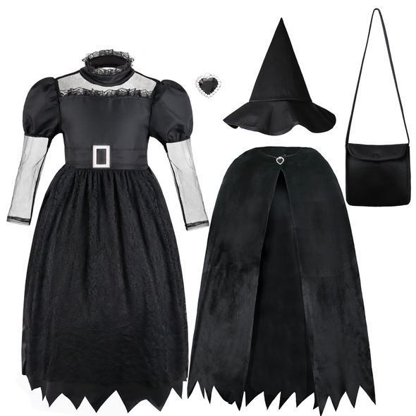 Girls Black Witch Dress Hat 4 Pcs Costume