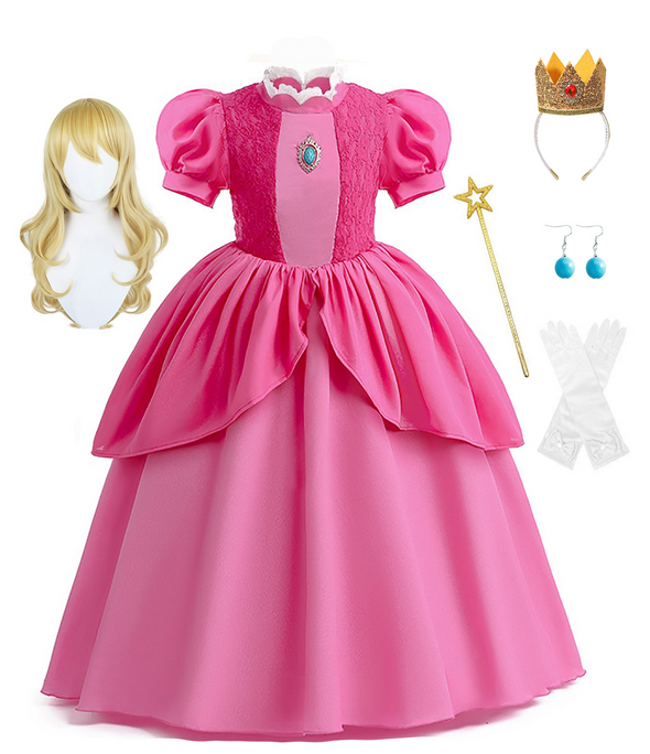 Girls Princess Peach Halloween Costume Dress Set Rose Red
