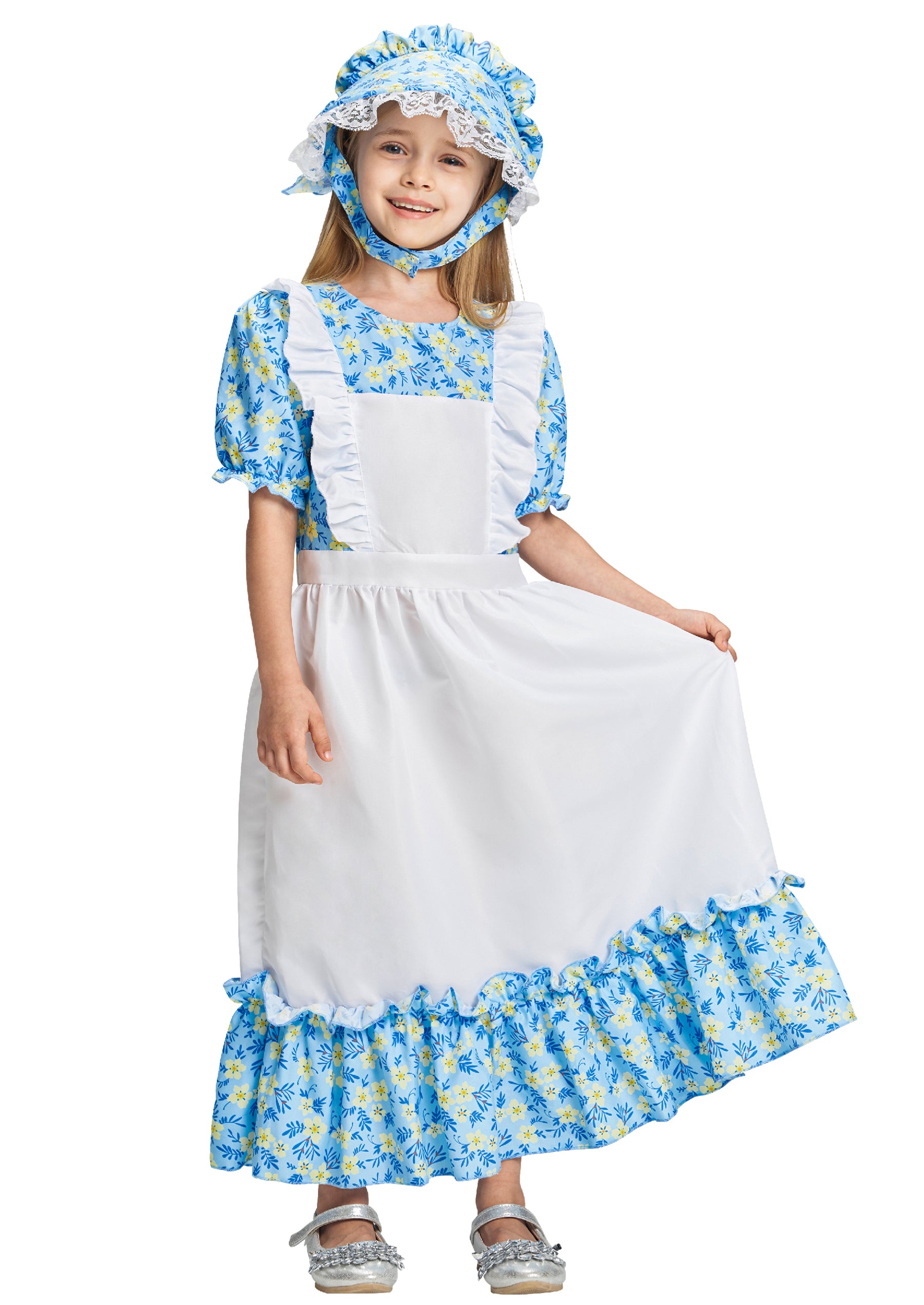 Girls Pioneer Dress Bonnet 2 Pcs Set Halloween Costume Blue Flowers Printed Colonial Prairie Skirt Outfit for Kids Role Play Colorful 3-10 Years IKALI COSTUME Girls Pioneer Dress Bonnet 2 Pcs Set Halloween Costume Blue Flowers Printed Colonial Prairie Skirt Outfit for Kids Role Play Colorful 3-10 Years IKALI COSTUME