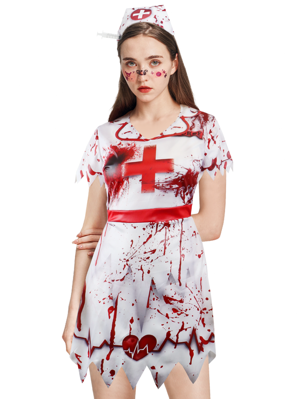 Women Zombie Nurse Dress Headband 2 Pcs Costume