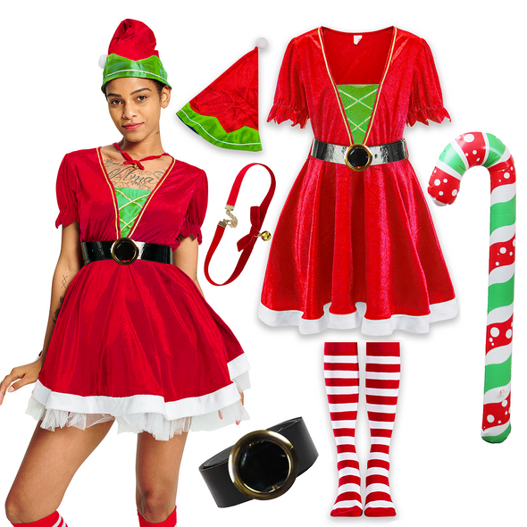 Women Santa Elf Dress 7 Pcs Christmas Costume