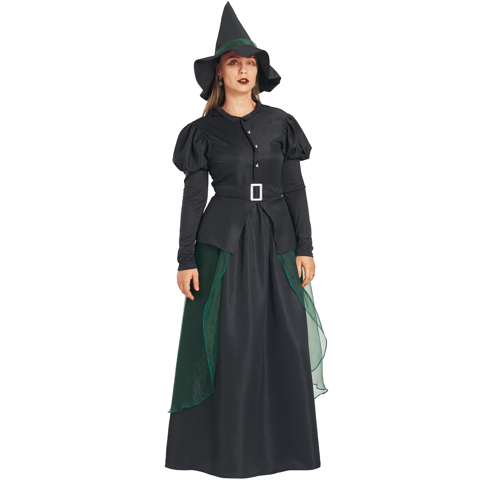 Women Witch Puffy Sleeve Dress Pointed Hat 2 Pcs Costume Green Black Halloween Adult Woman Dressing Up Outfit IKALI COSTUME Women Witch Puffy Sleeve Dress Pointed Hat 2 Pcs Costume Green Black Halloween Adult Woman Dressing Up Outfit IKALI COSTUME