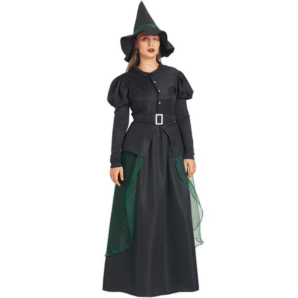 Women Green Witch Dress Hat 2 Pcs Costume