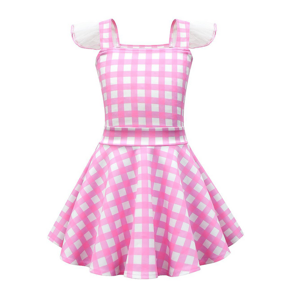 Girl Pink Plaid Square Collar Dress Accessories Set Movies Costume