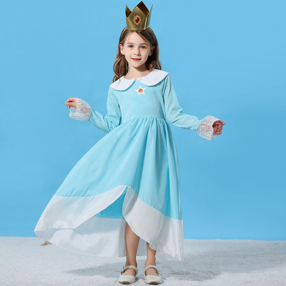Girls Princess Rosalina Dress Crown Headband Set Halloween Costume Blue