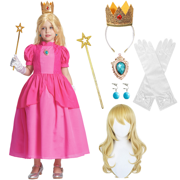 Girls Princess Peach Dress 7 Pcs Costume