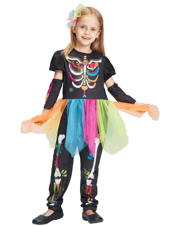 Girls Punky Skeleton Jumpsuit Hairpin Arm Warmers Set Halloween Costume