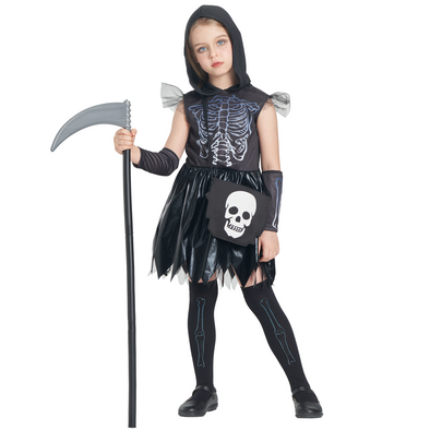 Girls Grim Reaper Dress 7 Pcs Skeleton Costume