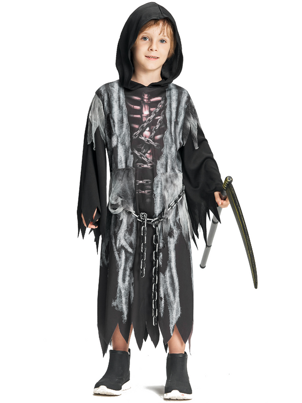 Kids Grim Reaper Robe Scythe Chains Set Halloween Costume