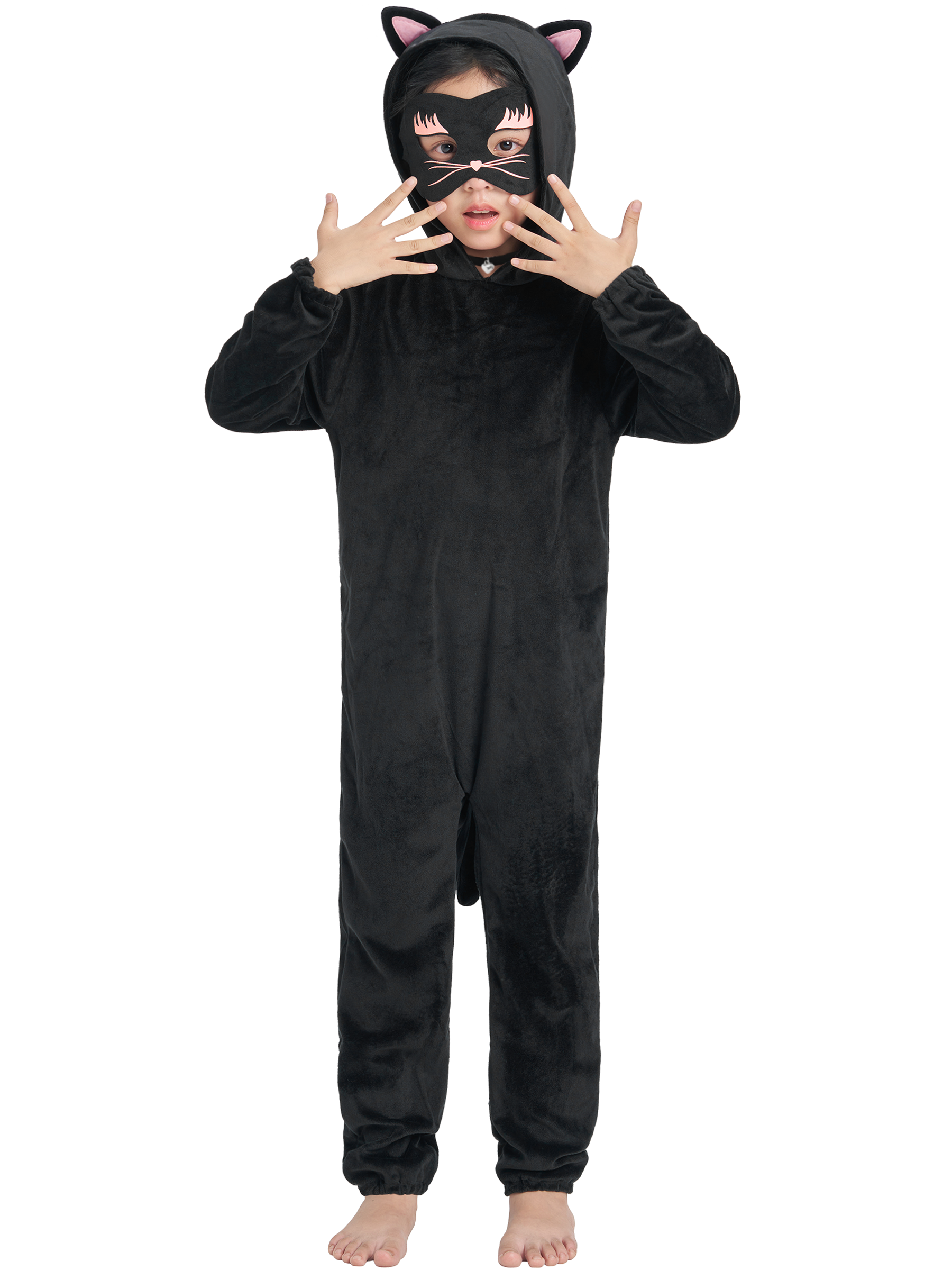 Kids Black Cat Costume - Hooded Onesie With Tail For Halloween Dress Up