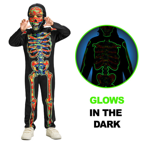 Kids Glow in the Dark Skeleton Jumpsuit Mask Set Halloween Costume