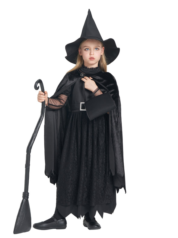 Girls Black Witch Dress Hat 4 Pcs Costume