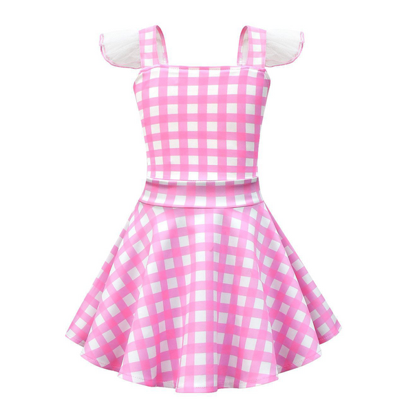 Girl Pink Plaid Square Collar Dress Accessories Set Movies Costume
