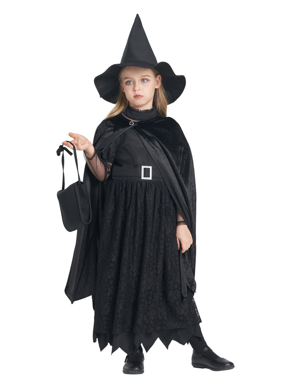 Girls Black Witch Dress Hat 4 Pcs Costume