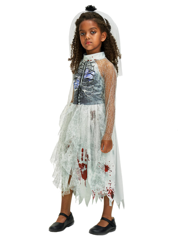 Girls Skeleton Bride Dress Headband Set Halloween Costume