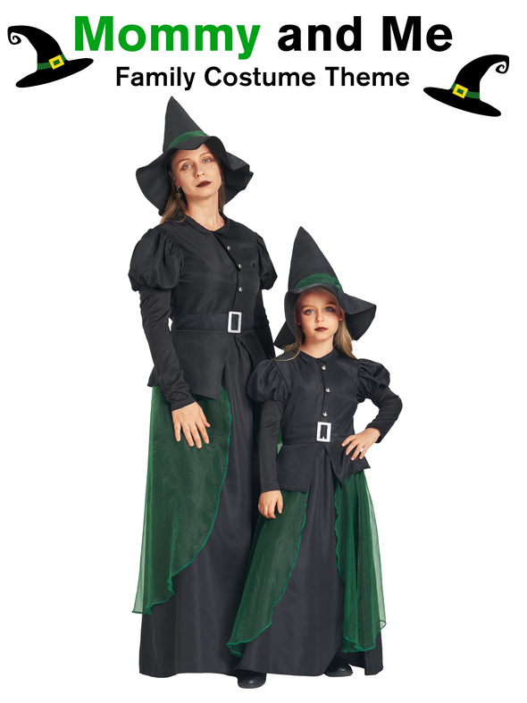 Women Green Witch Dress Hat 2 Pcs Costume