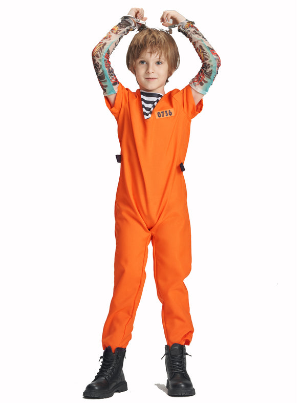 Kids Prisoner Jumpsuit Handcuffs Key Arm warmers Set Halloween Costume