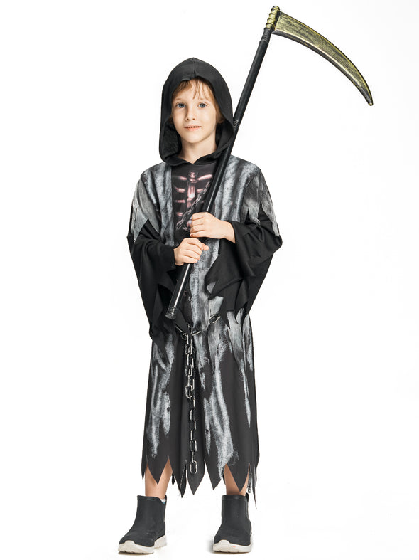 Kids Grim Reaper Robe Scythe Chains Set Halloween Costume