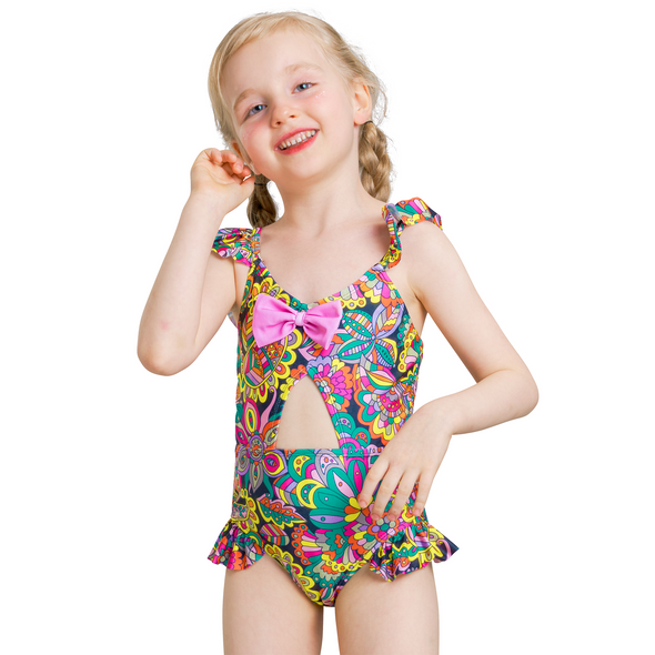 Girls One-Piece Colorful Flowers Swimwear