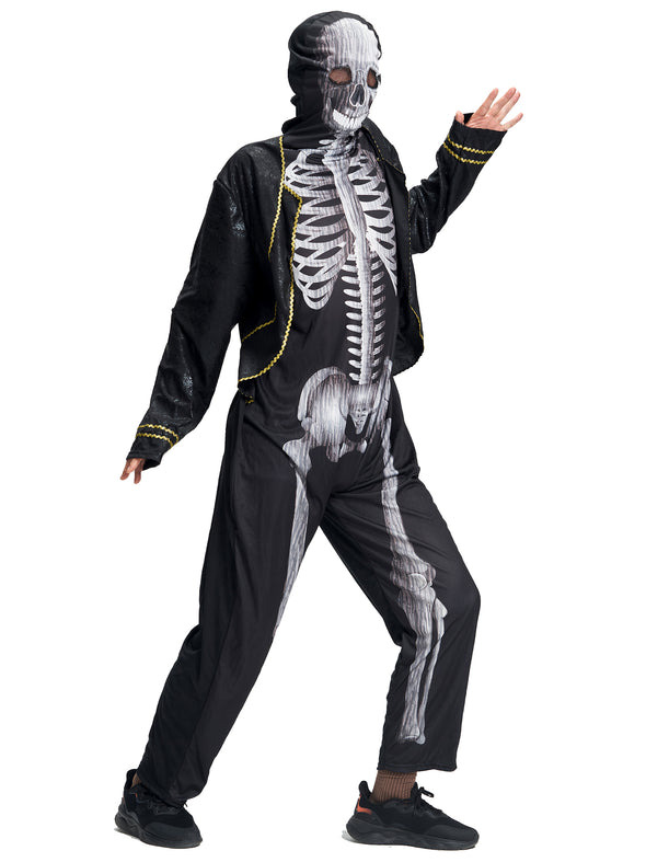 Men Earls Skeleton Jumpsuit Hooded Mask Set Halloween Costume