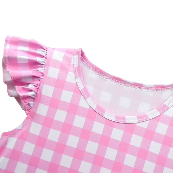 Girl Pink Plaid Ruffled Dress Accessories Set Movies Costume