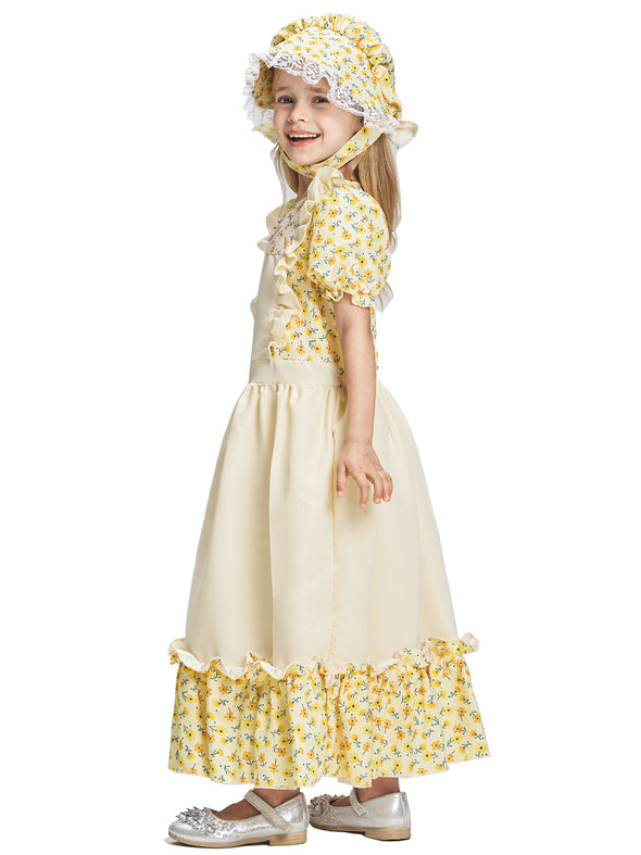 Girls Pioneer Dress Bonnet Set Halloween Costume Yellow