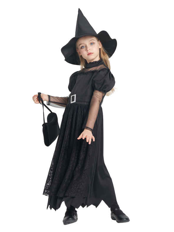 Girls Black Witch Dress Hat 4 Pcs Costume