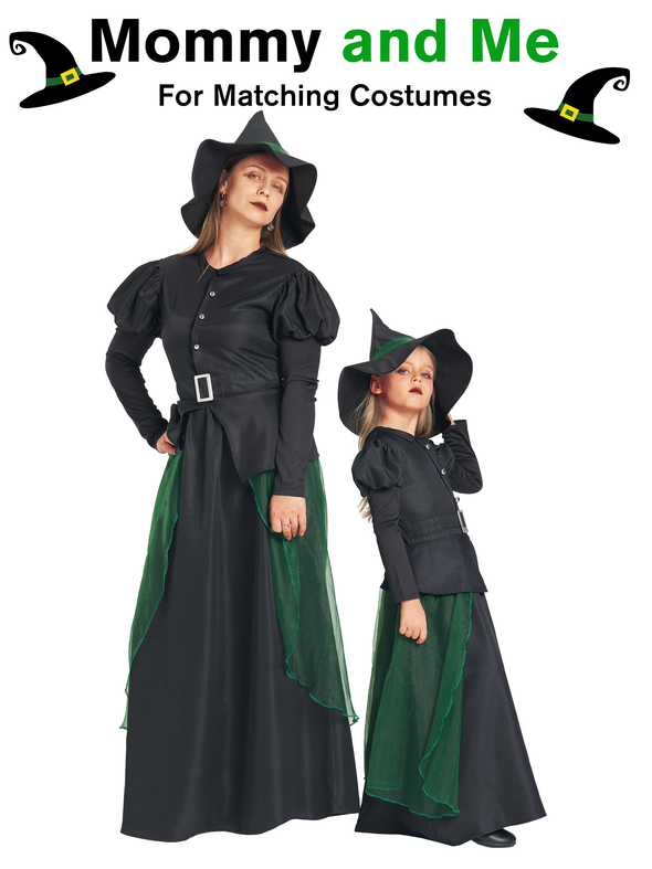 Women Green Witch Dress Hat 2 Pcs Costume