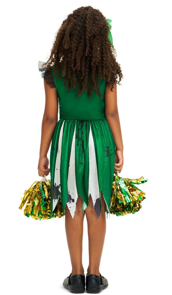 Girls Zombie Cheerleader Dress Pompoms Hairpin Set Halloween Costume