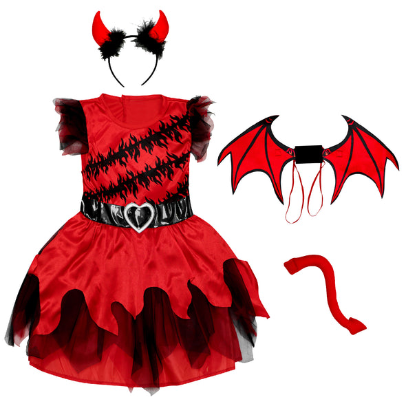 Girls Devil Dress Headband Tail Wings Set Halloween Costume