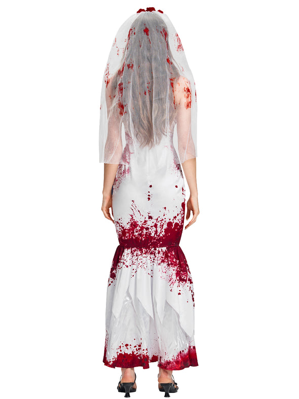 Women Zombie Bride Fishtail Dress Headband Set Halloween Costume