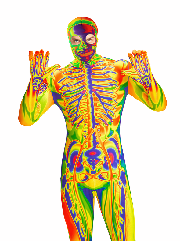 Men Skeleton Bodysuit Hooded Mask Set Halloween Costume