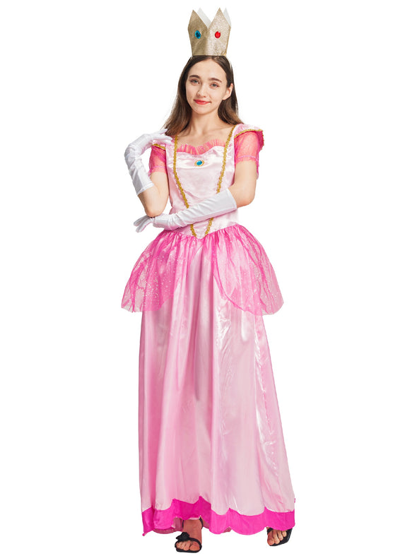 Women's Princess Peach Dress Headband Gloves Set Halloween Costume