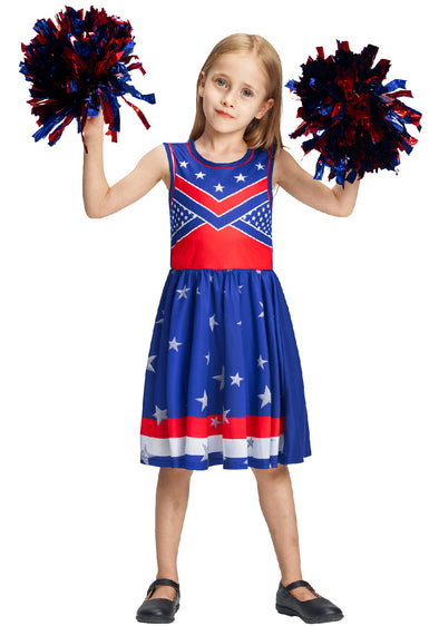 Girls American Flag Cheerleader Dress Pompoms Set Halloween Costume