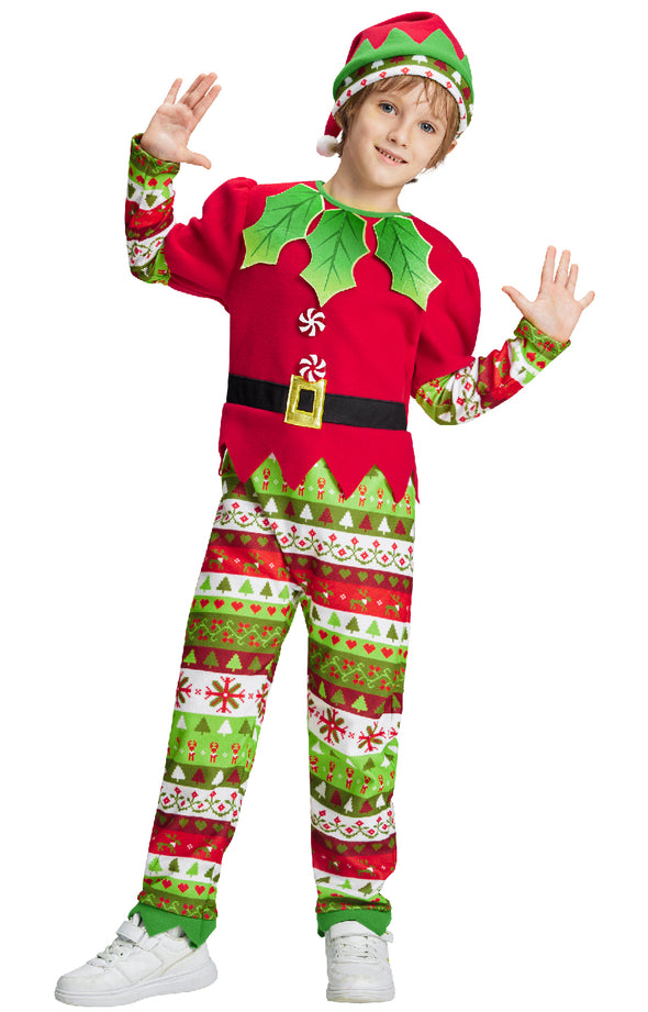 Kids Christmas Elf Jumpsuit Hat Set Xmas Costume