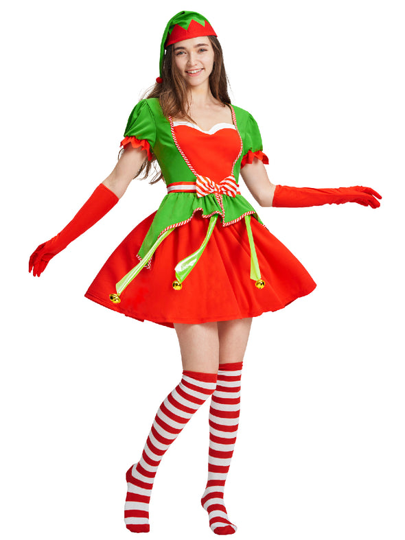 Women Elf Dress Hat Gloves Stockings Set Christmas Costume