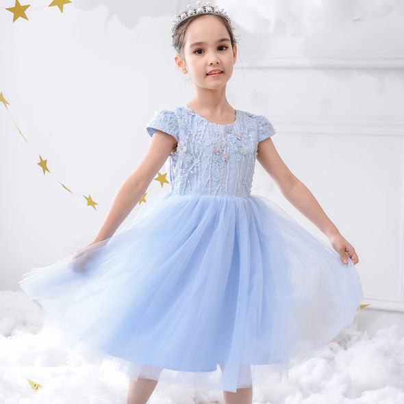 Girls Party Dress Lace Embroidery Blue