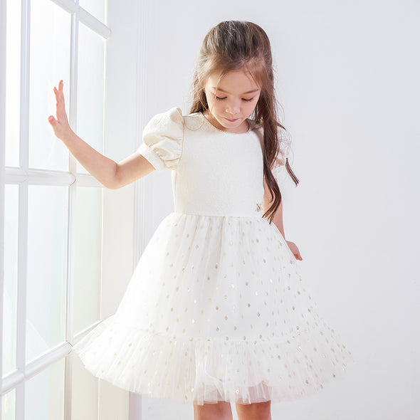 Girls Party Dress Puffy Sparkling Cream-coloured