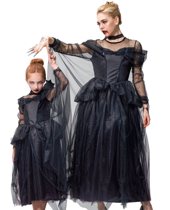 Halloween Costume Witch Mommy and Daughter Matching, Black Gothic Dress