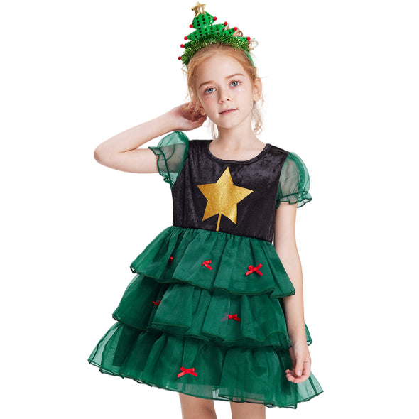 Christmas Tree Costumes for Girls, Xmas Outfit Clothes Toddler Gift Dress Up Kids Story Pretend Happy Holidays 3-10y