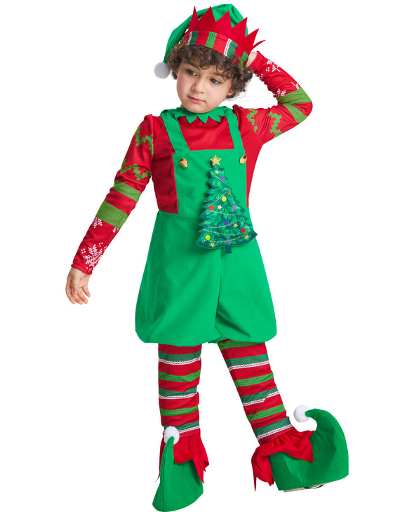 Boys Christmas Elf Costume Jumpsuit Hat Shoe-covers Set