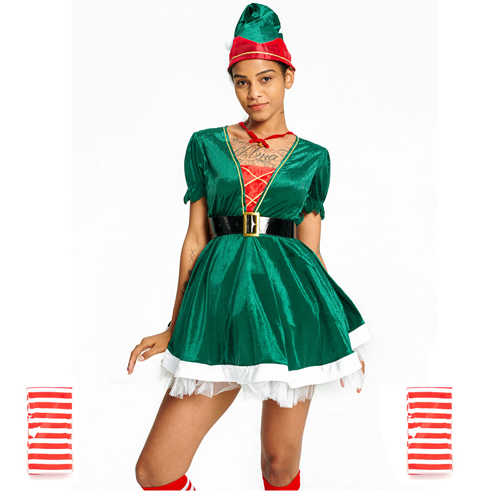 Women Christmas Elf Green Costume Dress Hat Belt Stockings Set Outfit Halloween Cosplay for Adults Dressing up IKALI COSTUME Women Christmas Elf Green Costume Dress Hat Belt Stockings Set Outfit Halloween Cosplay for Adults Dressing up IKALI COSTUME