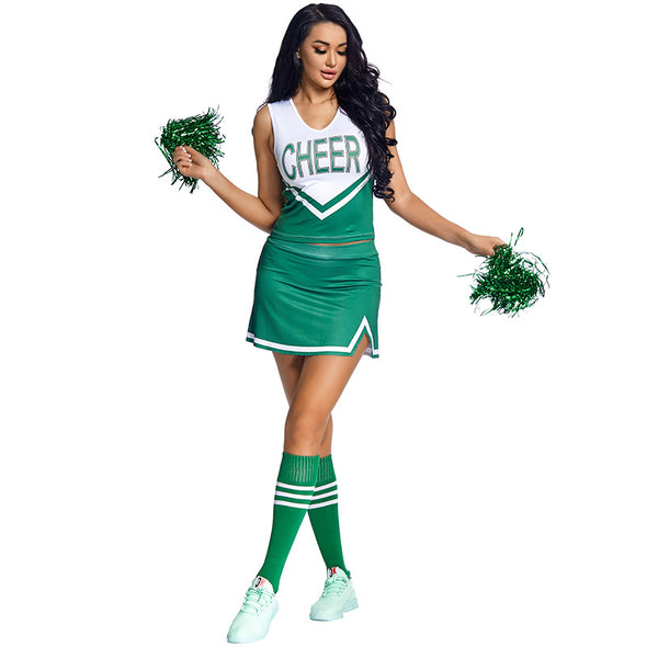 Women Green Cheerleader Costume Dress Pompoms Suit